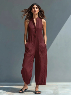 Anneliese | Damen Ärmelloser Jumpsuit mit Knopfverschluss in Rot