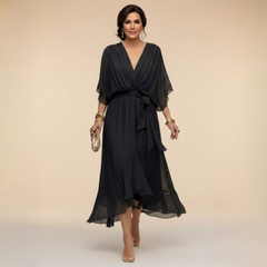Annika | V-Ausschnitt Wickelkleid Midi in Schwarz
