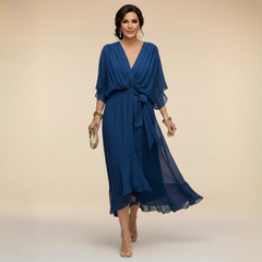 Annika | V-Ausschnitt Wickelkleid Midi in Blau