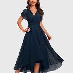 Aramina | Damen V-Ausschnitt A-Linie Midikleid in Blau