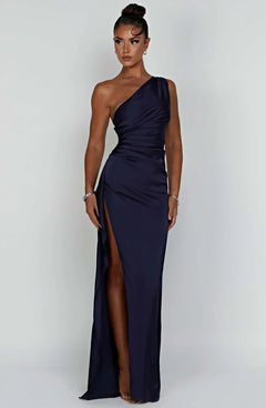 Jaida - Damen Abendkleid mit asymmetrischem Schnitt und Schlitz in Marineblau