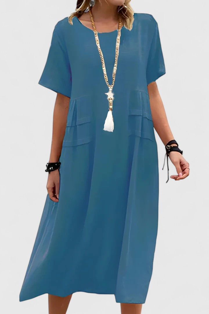 Chloe | Lockeres Midi-Kleid mit kurzen Ärmeln und praktischen Taschen