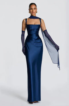 Valentina | Damen Gelber Leichter Stretch Mesh Kleid Schal in Marineblau