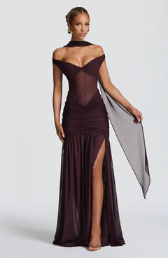 Valentina | Damen Gelber Leichter Stretch Mesh Kleid Schal in Kaffee