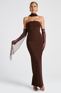 Valentina | Damen Gelber Leichter Stretch Mesh Kleid Schal in Dunkelbraun