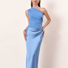Gerda | Damen Ein-Schulter Maxikleid Falten – One-Shoulder Maxi Plissee 2026 in Blau
