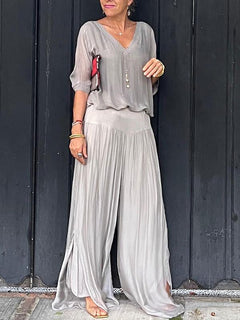 Saila | Damen Maxikleid V-Ausschnitt Fledermausärmel Unifarbe in Grau