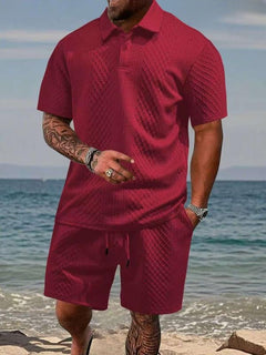 Niall - Strukturiertes Set aus Poloshirt und Shorts in Rot
