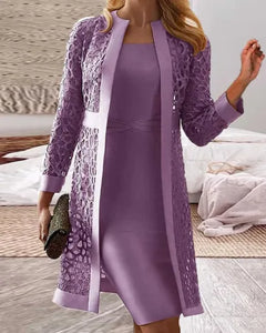 Lucy - Damen Spitze Strickjacke Kleid Zweiteiliges Set in Lila