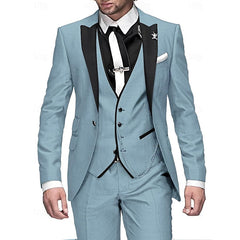 Dreiteiliges Leinen-Set für Herren: Business-Blazer, Weste und Hose in Himmelblau