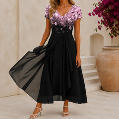 Beatrix | Florales Cocktail-Midikleid mit V-Ausschnitt in Rosa Schwarz
