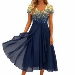 Beatrix | Florales Cocktail-Midikleid mit V-Ausschnitt in Goldblau
