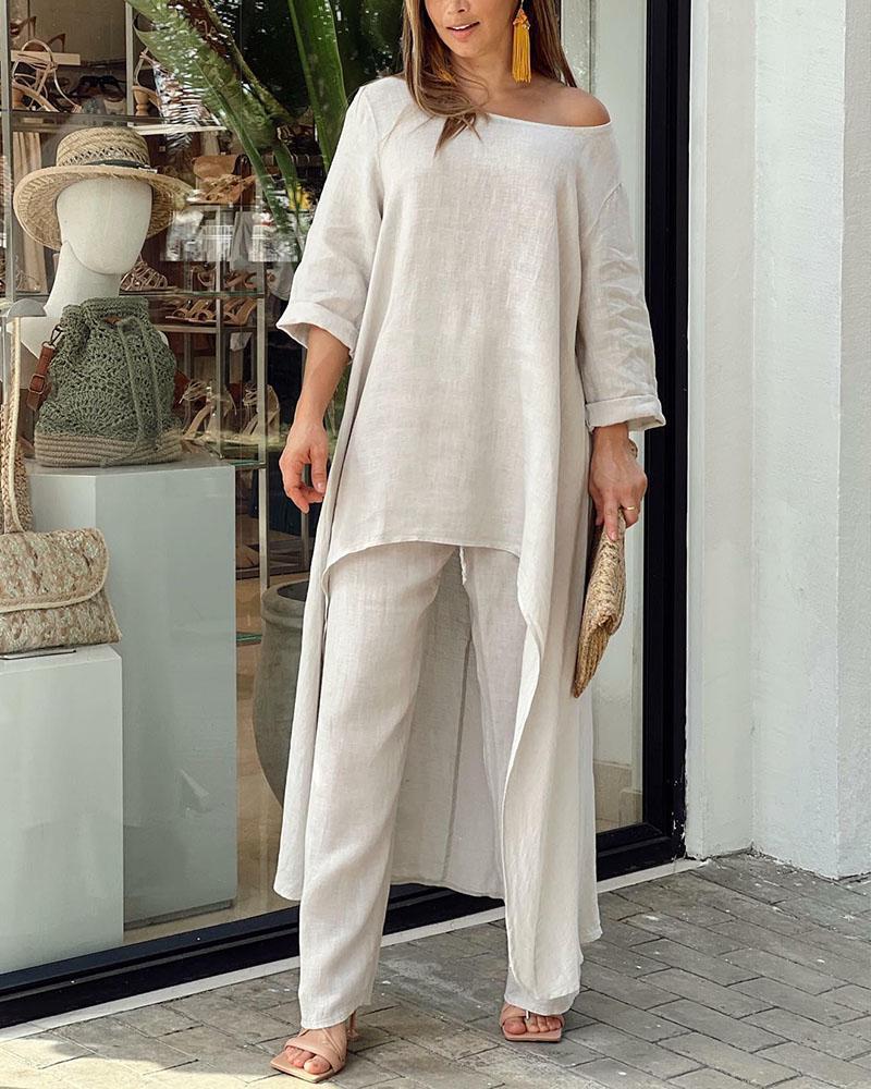 Asymmetrisches Leinen-Zweiteiler-Set für Damen