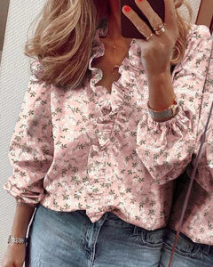 Beverly | Damen Rüschenshirt mit V-Ausschnitt und langen Ärmeln in Rosa