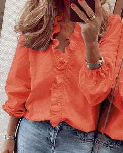 Beverly | Damen Rüschenshirt mit V-Ausschnitt und langen Ärmeln in Orange