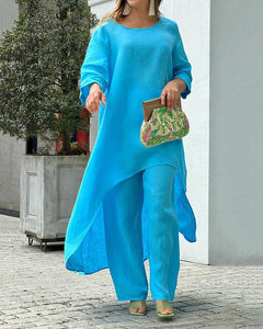 Asymmetrisches Leinen-Zweiteiler-Set für Damen in Blau
