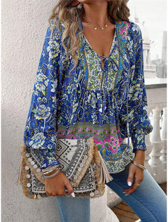 Boho-Blumenhemd zum Schnüren für den Sommer - Xenia in Marineblau
