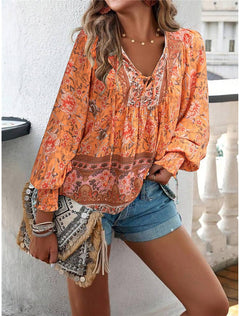 Boho-Blumenhemd zum Schnüren für den Sommer - Xenia in Orange