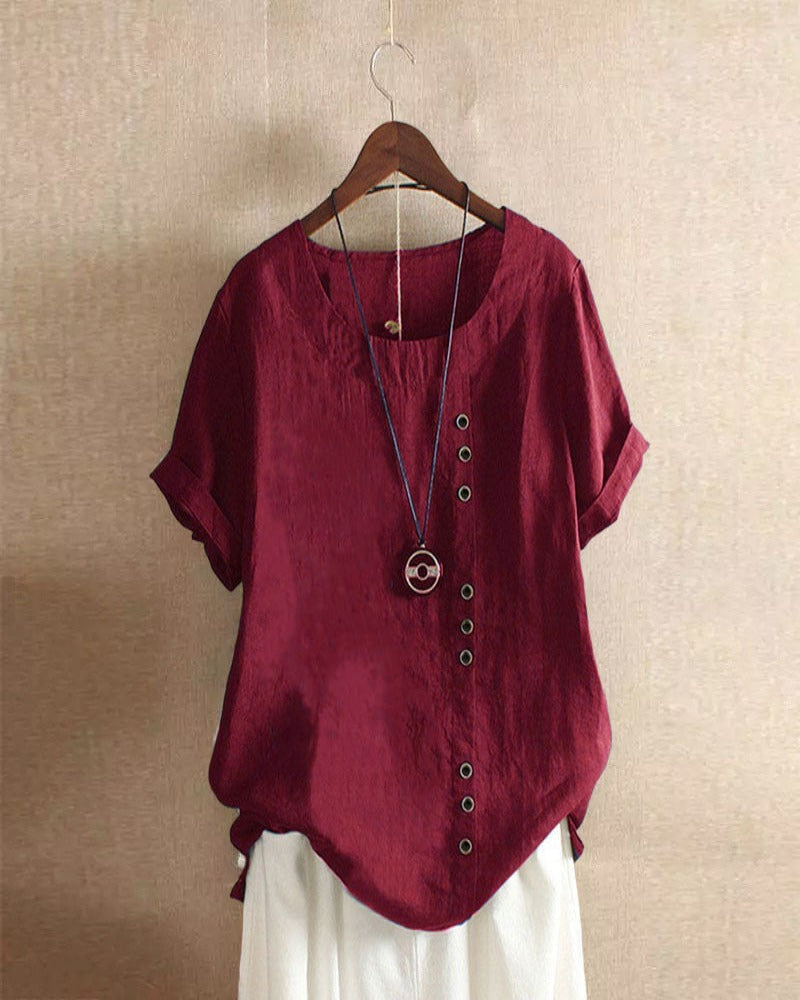 Zayla - Unifarbenes Kurzarm-Bluse mit Rundhalsausschnitt