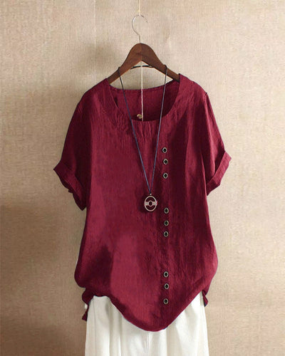 Zayla - Unifarbenes Kurzarm-Bluse mit Rundhalsausschnitt
