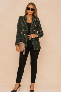 Brigitte | Damen Karierte Taillierte Blazer in Dunkelgrün