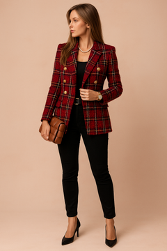 Brigitte | Damen Karierte Taillierte Blazer in Rot