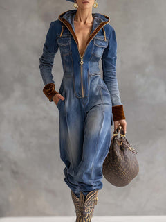 Brunhilde | Damen Kapuzen Jumpsuit mit Reißverschluss in Blau