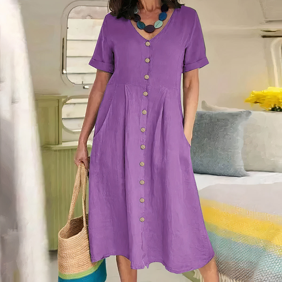 Tarelda - Damen Knopf-Front Midikleid