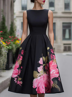 Xavia - Elegantes Midikleid mit floralem Muster in Schwarz