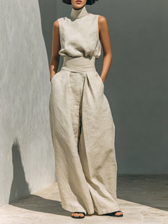 Carlotta | Ärmelloses Blusen Hosen Ensemble in Khaki