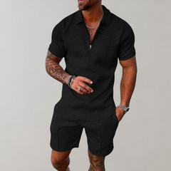 Caspian | Herren Texturiert Polo Shorts Set in Schwarz