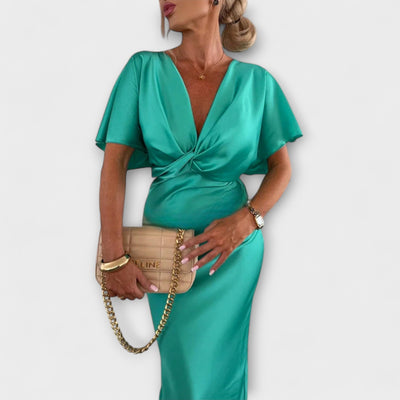 Sable - V-Ausschnitt Maxikleid mit Kreuzknoten und figurbetonter Passform aus hochwertigem Satin