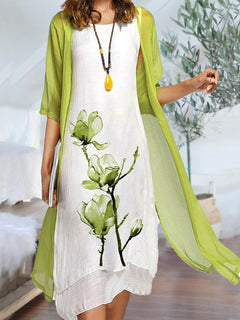 Daisy | Blumenmuster Transparent Cardigan Zweiteiliges Set in Grün