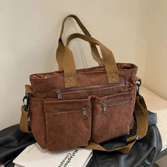 Nora | Cord Tote Bag Damen Schultertasche Mehrfachtaschen Reißverschluss in Braun