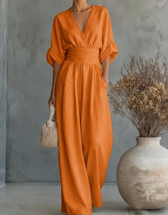 Xylora - Hochwertiger weitbeiniger Jumpsuit mit V-Ausschnitt in Orange