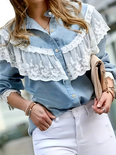 Ansel | Damen Denim-Shirt mit Spitzenabschluss