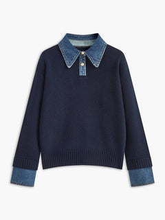 Amelie | Damen 2-in-1 Strick-Sweater mit Denim-Kragen und Metallknöpfen in Marine