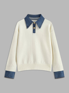 Amelie | Damen 2-in-1 Strick-Sweater mit Denim-Kragen und Metallknöpfen in Weiß