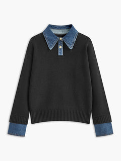 Amelie | Damen 2-in-1 Strick-Sweater mit Denim-Kragen und Metallknöpfen in Schwarz