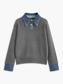Amelie | Damen 2-in-1 Strick-Sweater mit Denim-Kragen und Metallknöpfen in Hellgrau