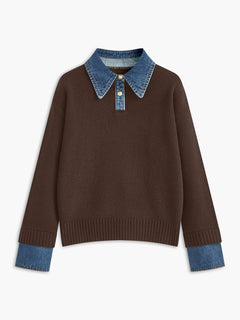 Amelie | Damen 2-in-1 Strick-Sweater mit Denim-Kragen und Metallknöpfen in Braun