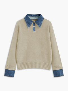 Amelie | Damen 2-in-1 Strick-Sweater mit Denim-Kragen und Metallknöpfen in Aprikose