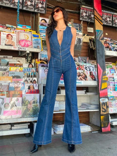 Damen Ärmelloser Jumpsuit mit V-Ausschnitt und weiten Hosenbeinen in Blau