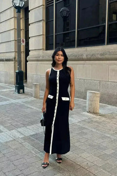 Damen Ärmelloses Midikleid mit Rundhals Knopfleiste Taschenklappen und Kontrastbesatz in Schwarz
