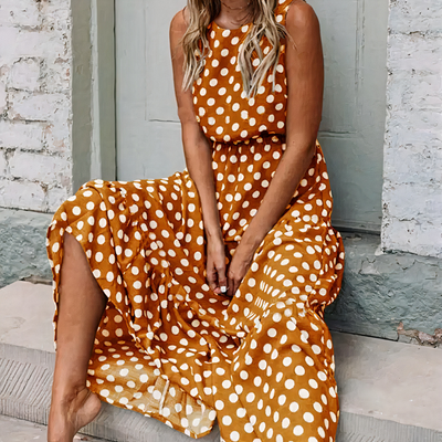 Damen ärmelloses Vintage-Kleid mit Polka-Dots | Maxi