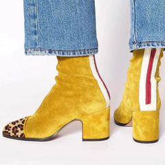 Lena | Damen Ankle Boots Velours Blockabsatz Leopardenmuster Kappe Reißverschluss in Gelb