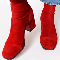 Lena | Damen Ankle Boots Velours Blockabsatz Leopardenmuster Kappe Reißverschluss in Rot