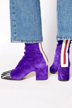 Lena | Damen Ankle Boots Velours Blockabsatz Leopardenmuster Kappe Reißverschluss in Violett