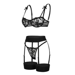 Emilia | Damen Bestickte Mesh Dessous-Set mit Strumpfhalter in Schwarz