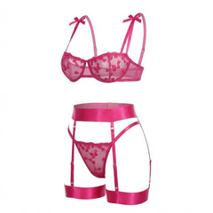 Emilia | Damen Bestickte Mesh Dessous-Set mit Strumpfhalter in Fuchsia-Rosa